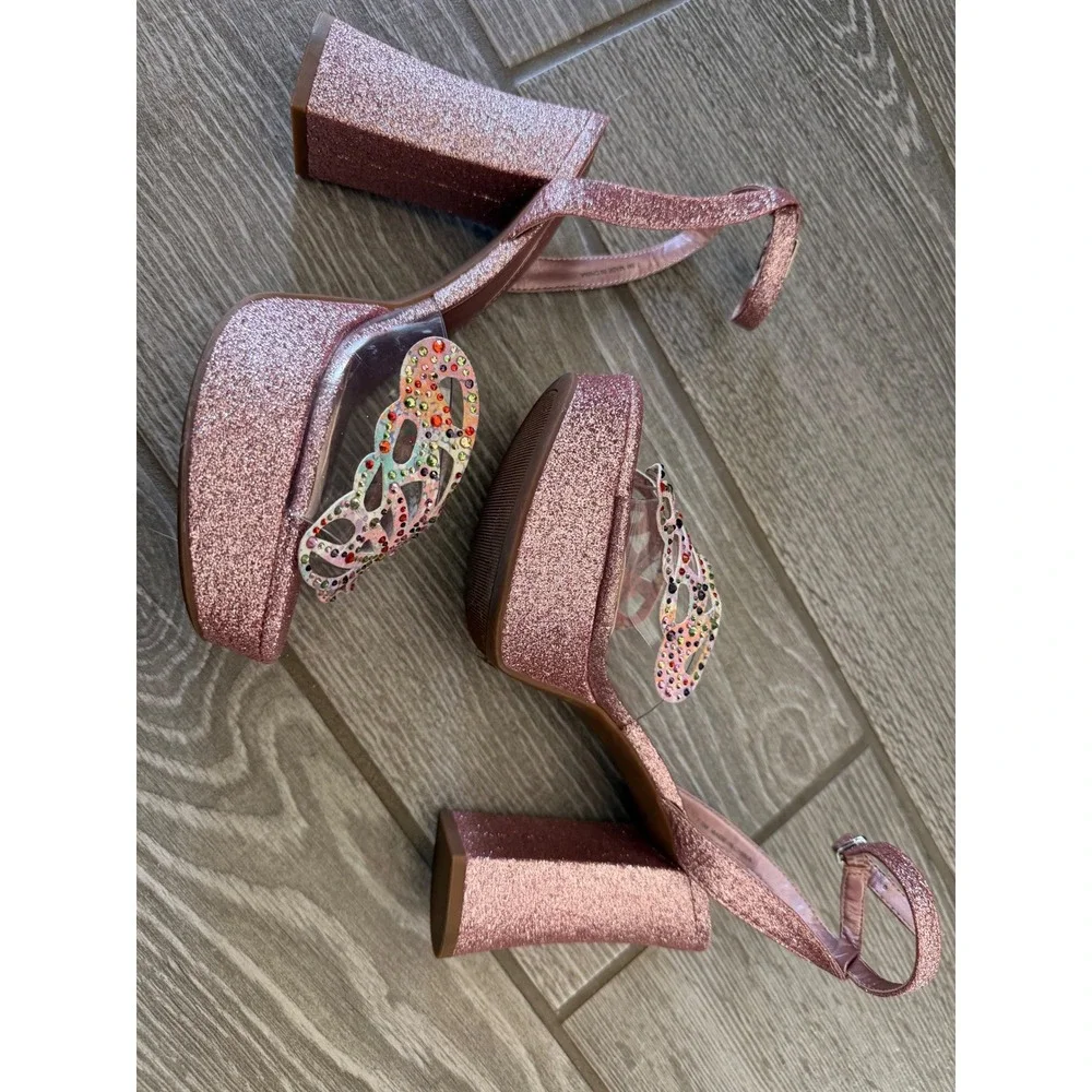 Copper Key Pink Glitter Butterfly Rhinestone Platform Block Y2K Style Heels 7.5